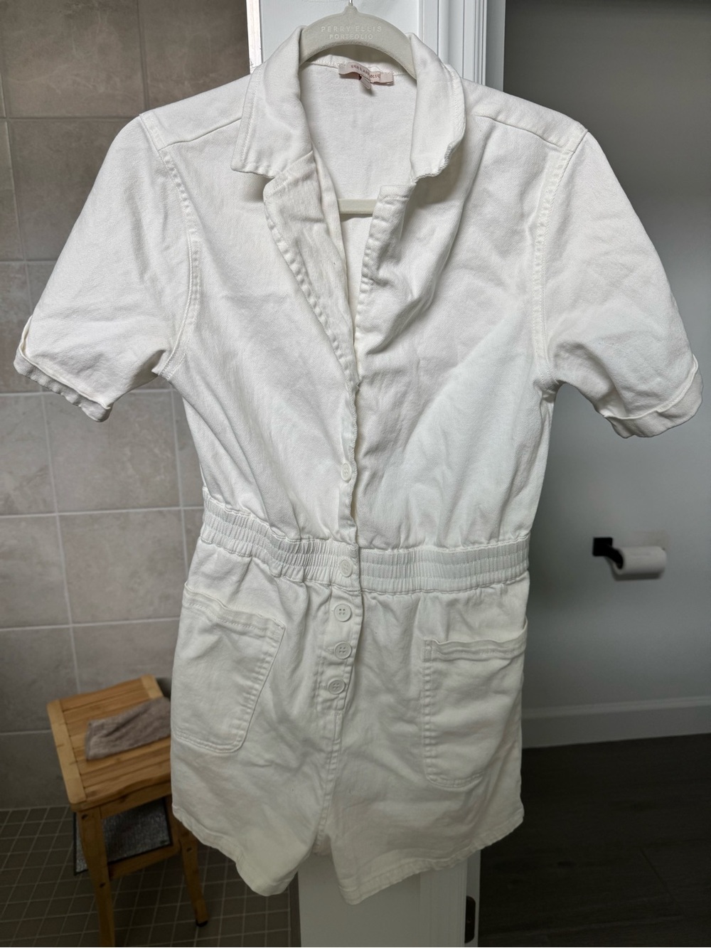 White Short-Sleeve Button Front Romper
